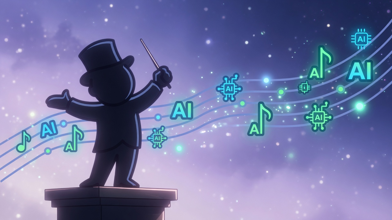 The AI Conductor mascot on a podium, conducting glowing staff lines of AI symbols